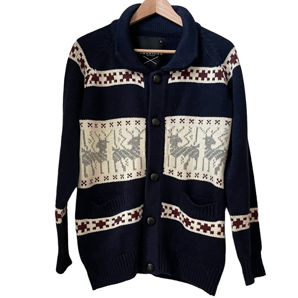American Stitch‎ Knit Cardigan Sweater with  Reindeer Pattern Size: L